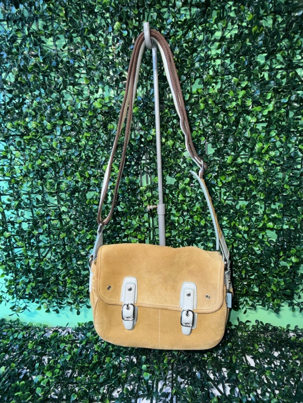 Vintage Coach Tan Suede Hamptons Field Bag | Blue Leather Trim Messenger #9274